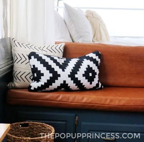 Pop Up Camper Remodel - I am loving those faux leather cushion covers. Super easy for cleaning up spills and messes. #campinghacks #popupcamper #campercushions Camper Cushion Covers, Pop Up Camper Remodel, Pop Up Princess, Camper Cushions, Popup Camper Remodel, Glamper Camper, Pop Up Trailer, Diy Camper Remodel, Rv Makeover