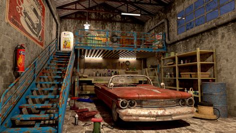 Garage with car, Diksha Shukla on ArtStation at https://www.artstation.com/artwork/ma3qv 1950s Garage, Indoor Perspective, 50s Garage, Old Car Garage, Garage Layout, Garage Aesthetic, Garage Drawing, Vintage Car Garage, Industrial Garage