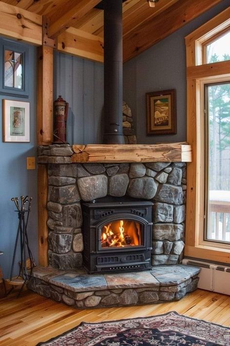 Corner Fireplace With Woodstove, Wood Burning Stove Corner, Corner Wood Stove, Wood Stove Surround, Corner Fireplace Ideas, Wood Stove Hearth, Wood Burning Stoves Living Room, Cabin Fireplace, Wood Stove Fireplace