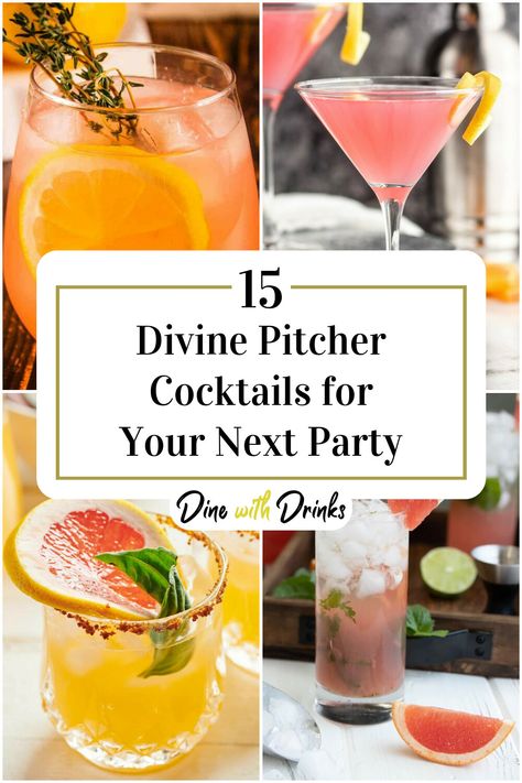 Collage of 4 pitcher cocktails. Pitcher Drinks For Party, Pink Margarita Recipe Pitcher, Cosmo Pitcher Recipe, Best Pitcher Cocktails, Alcoholic Pitcher Drinks, Vodka Pitcher Cocktails, Cocktail Pitcher Recipe, Easy Pitcher Cocktails, Cocktail Recipes Pitcher