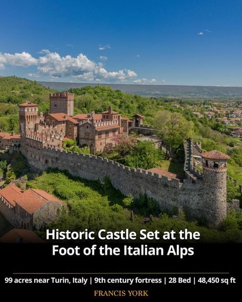 Francis York on Instagram: "🇮🇹This historic castle set at the foot of the Italian Alps near Turin is listed with @sothebysrealtyitaly. Price is disclosed upon application with the listing agency.   Find the link to the original listing on the blog (link in bio!) and pinned on our ‘Italy Sotheby’s’ Highlights!  Castello di Pavone rises majestically against the backdrop of the Italian Alps, a short drive from the historic town of Ivrea.  It was originally constructed as a defensive fortress in the 9th century to protect against invaders like the Hungarians and Saracens, and the present-day castle dates back to the 14th century.   Today, its majestic towers, battlement walls, and intricate internal courtyards stand as a testament to the storied past of what is considered one of the most bea Tuscan Castle, Italian Castle, Internal Courtyard, Italian Alps, 14th Century, Turin, Present Day, 18th Century, Castle