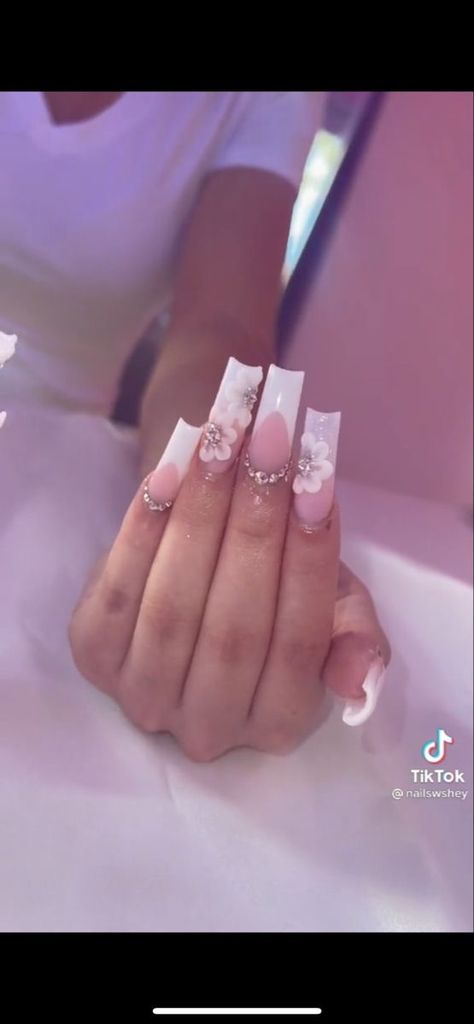 French Tip Acrylic Nails With Design White, White Tapered Square Nails With Designs, Medium Square Acrylic Nails 3d Flowers, White French Tip Nails Square With Design, White Acrylic Nails With 3d Flowers, Nail Ideas Diamonds, French With Gems, Pink Quinceanera Nails, White Bling Acrylic Nails