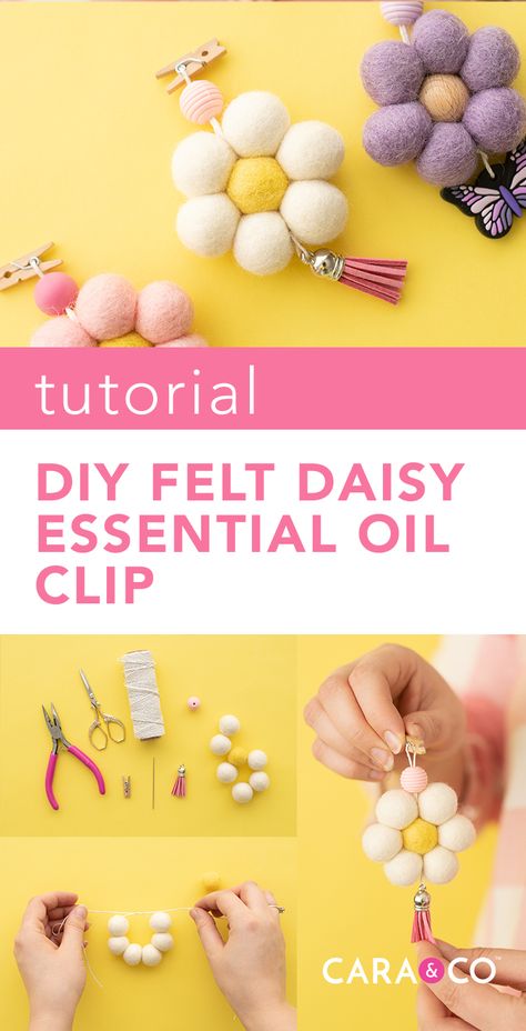 Learn how to make an adorable Felt Daisy Essential Oil Clip Felt Ball Crafts, Felt Daisy, Car Air Freshener Diy, Diffuser Diy, Felt Wool Ball, Pola Macrame, Diy Air Freshener, Diy Wool, Felt Beads