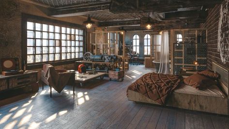 Warehouse Loft Bedroom, Loft Apartment Aesthetic Industrial, Artists Loft Apartment, Old Loft Apartment, Loft Two Bedrooms, Art Loft Apartment, Industrail Loft, New York Apartment Interior Loft Style, Dark Loft Apartment