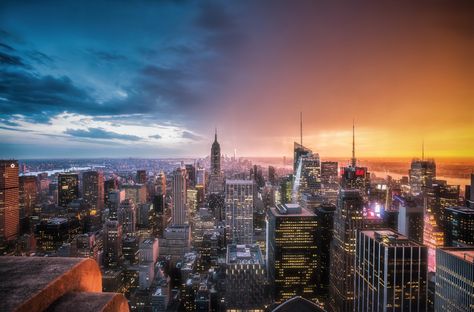 Creative Edit | Day vs Night: On top of the Rockefeller Center we had a little rain mixed with a beautiful transition between day/night, yes some call it “dusk or the magic hour” :) The rain created some “oohs & aahs” from onlookers as it played with the light and really set the stage for this shot. Day Vs Night, New York At Night, Night In New York, New York City Night, Night Skyline, Photography Day, Hdr Photography, Rockefeller Center, Town Street