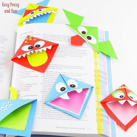 Halloween Origami for Kids - Easy Peasy and Fun - monster origami bookmarks Monster Bookmark, Fun Diy Halloween Decorations, Halloween Origami, Diy Monsters, Paper Plate Crafts For Kids, Easy Halloween Crafts, Diy And Crafts Sewing, Paper Plate Crafts, Plate Crafts