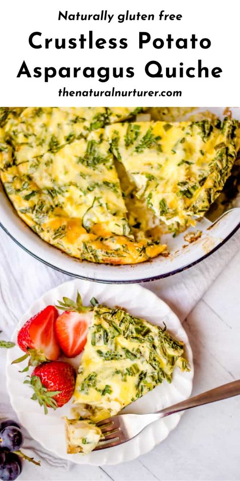 This Crustless Potato Asparagus Quiche is the perfect way to get veggies in at breakfast, lunch or dinner! A delicious combination with eggs, cheese and chives, this yummy recipe is naturally gluten free, can be made dairy-free and is a great easy meal! #quiche #asparagusquiche #potatoquiche #crustlessquiche #glutenfree #veggieloaded @naturalnurturer | thenaturalnurturer.com Asparagus Quiche Recipes, Potato Asparagus, Family Meal Planning Healthy, Eggs Potatoes, Asparagus Quiche, Asparagus Seasoning, Quiche Recipes Easy, Meatless Monday Recipes, Crustless Quiche