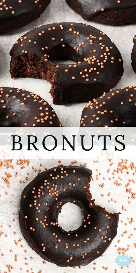 Bronuts aka brownie donuts are delicious fudgy chocolate brownies in a donut form! Smothered in a rich chocolate glaze and lots of sprinkles, these deep rich donuts are sure to be a crowd pleaser! Recipe by movers and bakers Donut Maker Recipes, Trending Desserts, Breakfast Donuts, Homemade Donuts Recipe, Homemade Doughnuts, Baked Donut Recipes, Birthday Cake Decorating Ideas, Donut Maker, Cake Decorating Ideas