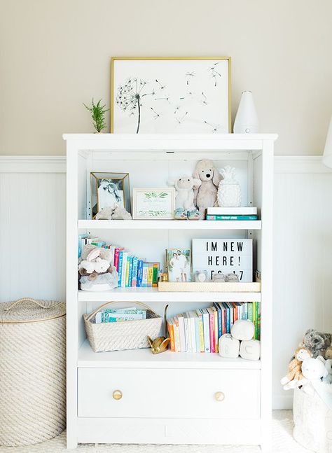 Nursery With Bookshelf, Baby Room Bookshelf, Nursery Bookshelf Decor, Bookshelf For Nursery, Bookshelves Nursery, Bookcase Nursery, Nursery Cabinet, Tan Nursery, Nursery Bookcase