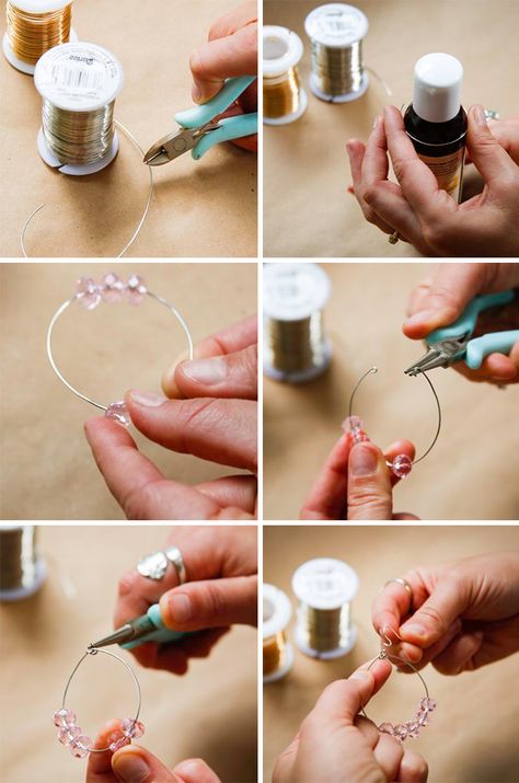 3 Ways to DIY Your Own Earrings (In 5 Minutes or Less) | http://helloglow.co/diy-earrings-3-ways/ Beading Bracelets, Anting Manik, Wire Hoop Earrings, Wire Jewelry Making, Earring Tutorial, Homemade Jewelry, Gold Paper, Jewelry Making Tutorials, Diy Schmuck