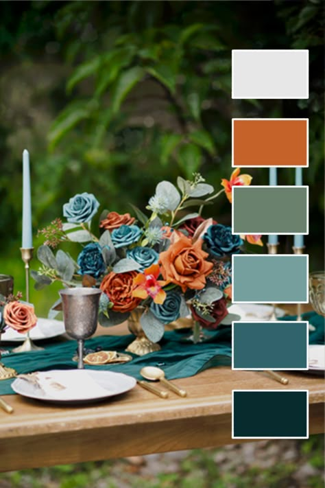 Dive into the rich hues of fall with our teal and burnt orange color palette. Perfect for autumn weddings, it sets a warm tone for an unforgettable celebration. For home decor, it adds depth and texture, creating an inviting and cozy atmosphere. Inspired by the flowers in the pin - available to purchase on Amazon. Teal And Orange Fall Decor Living Room, Fall Teal Wedding Colors, Teal Autumn Wedding, Burnt Orange And Teal Color Palette, Teal And Burnt Orange Wedding Groomsmen, Floral Wedding Color Schemes, Fall Wedding Inspiration October, Burnt Orange And Teal Wedding Decor, Teal Pallete Color