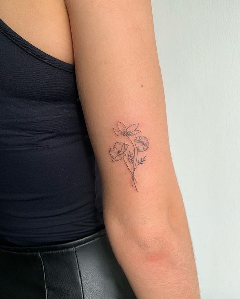 Two Birth Flowers Tattoo, Tattoo Flowers Bouquet, Simple Flower Tattoo Back Of Arm, Woman Arm Flower Tattoo, Birth Flower Dainty Tattoo, Tattoo On Arm Flowers, Wildflower Tattoo Minimalist, Single Line Bouquet Tattoo, 3 Different Flowers Tattoo