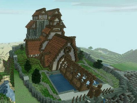 Longhouse Castle Minecraft Skyrim, Minecraft Mountain Castle, Minecraft Cool, Minecraft Roof, Minecraft Building Designs, Minecraft Mountain, Construction Minecraft, Minecraft Houses Blueprints, Minecraft Structures