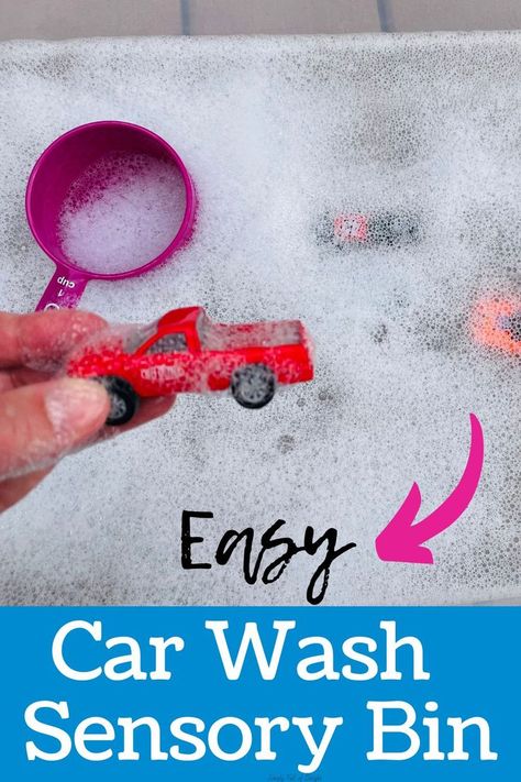 car wash sensory bin - soapy water, toy cars, scoops Kid Car Wash, Sensory Activity For Toddlers, Diy Car Wash, Sensory Bin For Toddlers, Sensory Bin Play, Car Activities, Activity For Toddlers, Sensory Activities Toddlers, Sensory Activity