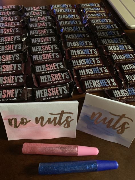 Nuts And No Nuts Gender Reveal, Hershey Gender Reveal Candy, Hersheys Gender Reveal, Nuts Or No Nuts Gender Reveal Ideas, Candy Table Ideas Gender Reveal, Nuts No Nuts Gender Reveal, Nuts Or No Nuts Gender Reveal, Gender Reveal Snack Table, Gender Reveal Ideas For Party Food