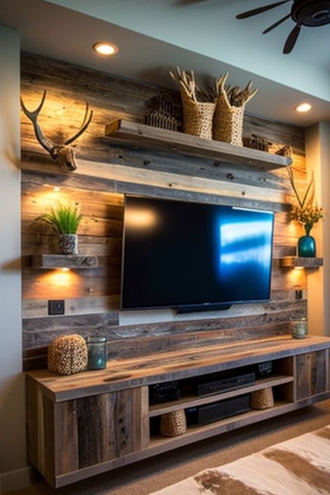 Shelving Around Wall Mounted Tv, Wood Accent Behind Tv, Loft Tv Room Ideas, Rustic Tv Wall, Mounted Tv Ideas Living Rooms, Classy Living Room, Wooden Sofa Set Designs, House Interior Design Styles, Living Room Decor Fireplace