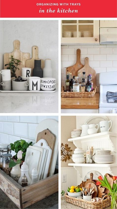 Control the Clutter: Organizing with Trays In Every Room of the House IN THE KITCHEN (clockwise from top left): 1. The Design Chaser / 2. Jennifer Grey Interiors via Houzz / 3. Heather Bullard / 4. Romantiska Hem blog  http://www.apartmenttherapy.com/organizing-with-trays-throughout-your-space-214713 Koti Diy, Kitchen Apartment, Counter Decor, Apartment Organization, Casa Vintage, Classic Kitchen, Organization Tips, Wood Kitchen, Ideas Kitchen