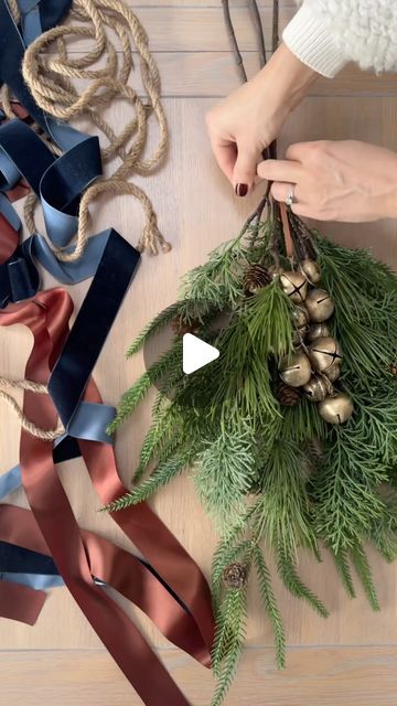 Diy Front Door Swag How To Make, Christmas Chair Wreaths, Christmas Swags With Bells, Christmas Boughs Decorating Ideas, Winter Swag Wreath, Bells On Wreath, Lambs Ear Christmas Wreath, How To Make A Christmas Swag Tutorials, Christmas Wreaths On Chair Backs