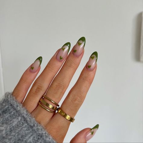 Heart Nails French Tip, Heart Nails French, Olive Green Nail Designs, Khaki Nails, Olive Green Nails, Olive Nails, Nails French Tip, Bridesmaids Nails, Green Nail Art