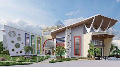 Modern Kindergarten Architecture, Kindergarten Elevation Architecture, Kindergarten Elevation Design, Modern School Building Design Exterior, Kindergarten Building Architecture, Kindergarten Concept Architecture, Kindergarten Facade Design, Nursery School Architecture, Kindergarten Elevation