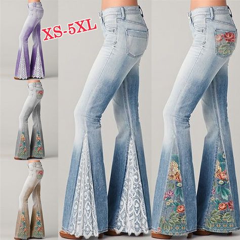 New Fashion Women Chic Lace/Floral Printed High Waist Bell Bottom Pants Elegant Spliced Broad Feet Trousers Casual Loose Gradient Print Long Jeans Pants Elegant, Lace Jeans, Printed Flare Pants, Gradient Print, Trousers Casual, Denim Crafts, Ropa Diy, Jeans Diy, Chale Crochet