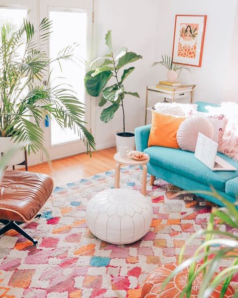 Happy to call this spot home  #casalaurelcanyon Blue And Orange Living Room, Colourful Living Room Decor, Rustic Home Interiors, Living Room Orange, Pink Living Room, Dining Room Colors, Colourful Living Room, Décor Boho, Blue Living Room