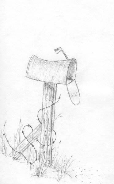 Mail box Pencil sketching Birdhouse Sketch Drawings, Old Fences Drawing, Mailbox Drawing Easy, Farm Sketch Simple, Country Sketches Easy, Mailbox Sketch, Mail Box Drawing, Rustic Drawings, Farmhouse Drawings