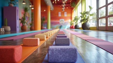 This photo captures the essence of a bright and welcoming yoga studio, bathed in natural light. The room exudes a sense of calm with its high ceilings and spacious layout. Colorful yoga mats are meticulously arranged on the floor, inviting participants to engage in a mindful practice. The blend of cool and warm tones creates a harmonious ambiance, perfect for relaxation and meditation. This space appears to be designed with attention to detail, ensuring a tranquil yet energizing experience for a Modern Yoga Studio, Yoga Studio Interior, Rustic Brick Wall, Cool And Warm Tones, Colorful Interior Design, Yoga Space, Wellness Yoga, Yoga Props, Cat Yoga