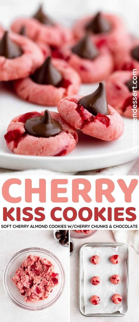 Cherry Kiss Cookies are sweet, soft cherry almond cookies with cherry chunks and a chocolate kiss in the center. Perfect for Valentine's Day! Kiss Cookies Hershey, Hershey Kiss Cookie, Cherry Kiss Cookies, Cherry Almond Cookies, Cherry Cookies Recipes, Kiss Cookie Recipe, Chocolate Kiss Cookies, Hershey Kiss Cookies, Chocolate Cherry Cookies