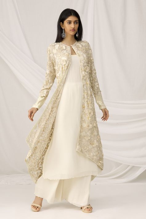 Buy Embroidered Jacket & Pant Set by Nakul Sen at Aza Fashions Jacket Salwar Suit, Plazo Dress, Long Jacket Dresses, Lace Jacket Dress, Jacket Lehenga, White Shrug, Gown With Jacket, Umbrella Dress, Salwar Pants