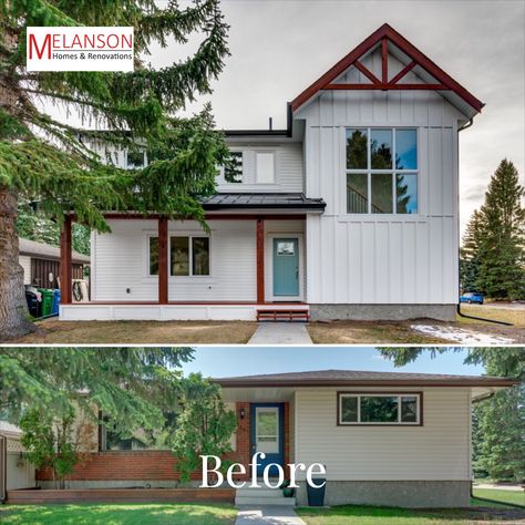 One Story To Two Story Before And After, Front Of House Room Addition, Rancher Additions Second Story, Small Second Story Addition, Before And After Second Story Addition, Bungalow With Addition, Ranch Home Extension Ideas, Ranch Second Story Addition Before After, Ranch Additions Before And After