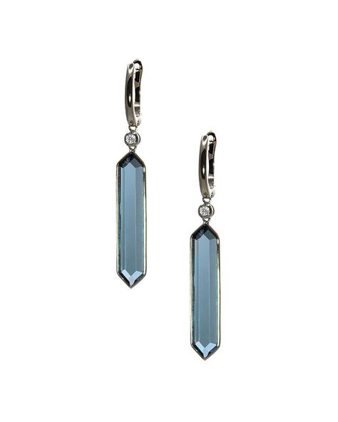 14k white gold earrings with hexagonal London Blue Topaz and diamonds (0.06ctw) hanging on hinged backs. Hang 1 1/2". By Olivia B Wizard Jewelry, Art Deco Inspired Jewelry, Hexagon Earrings, Blue Jewellery, Earrings Hanging, Topaz Jewelry, Magical Jewelry, Mid Century Jewelry, Topaz Earrings