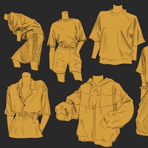 Sweater Shading Drawing, Tucked Shirt Drawing Reference, Loose Shirt Reference, Shirt Art Reference, Baggy Sleeves Drawing Reference, Clothing Sketches Outfits, Oversized Shirt Drawing, Tshirt Reference, Baggy Shirt Drawing Reference