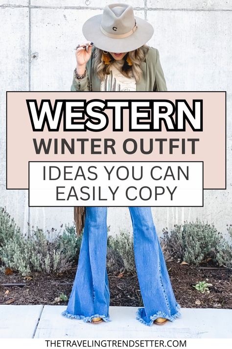 Looking to add some Western Style flair to your wardrobe this season? Check out these Women's Winter Outfit ideas that blend classic western elements with modern Women's Fashion. From cozy layers to stylish accessories, discover how to create a winter look that's both trendy and timeless. Fleet Week Outfit, Flare Jeans Outfit Western Winter, Charlie Horse Hats Outfit Fall, Tassel Shirt Outfits, Cowboy Hat Outfit Fall, Nashville Outfits In Winter, Country Themed Outfits Women, North Dakota Outfits, Cowgirl Cold Weather Outfits