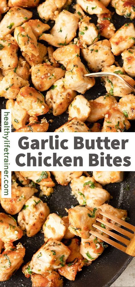 Chicken bites are the favorite and healthy lunch for all the kids. Pan-seared tender, juicy bite-size chunks of chicken breast are covered in a rich garlic and butter sauce then pan-fried till golden brown. Chicken paired with butter and garlic gives an exceptional taste to the taste buds. This recipe is enriched with nutrition and taste. It can be served as an appetizer or as a main course. #Chickenbites #Chickenrecipes #easydinner Chicken Bites Recipe, Garlic Butter Chicken Bites, Butter Chicken Bites, Chicken Bites Recipes, Easy Chicken Breast, Chicken Breast Recipes Easy, Tenderloin Recipes, Garlic Butter Chicken, Chicken Breast Recipes Healthy