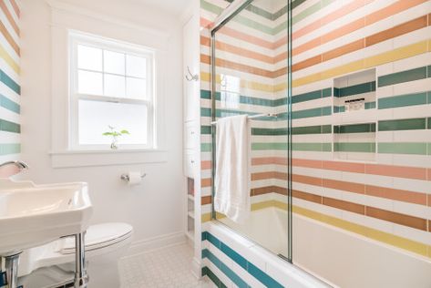 Rainbow Bathroom Ideas From Around the World - The Plumbette Handmade Tiles Bathroom, Rainbow Bathroom, Rainbow Tile, Colorful Bathroom Tile, Blue Glass Tile, Craftsman Bathroom, Fireclay Tile, Handmade Ceramic Tiles, Handmade Tile