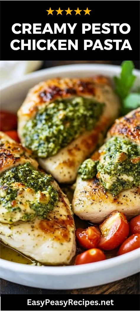 Looking for a delicious dinner idea? This Easy Creamy Italian Pesto Chicken is packed with flavor and makes a great weeknight meal! Imagine tender chicken smothered in a rich pesto sauce made with fresh basil. It's super simple to whip up and pairs perfectly with pasta, rice, or a side salad. Your family will love the creamy goodness and you'll feel like a gourmet chef in no time. Plus, it's a great way to impress guests! Get ready to savor every bite of this mouthwatering dish. Pesto Chicken Recipe, Italian Pesto, Vine Tomatoes, Vegan Jambalaya, Quick Pasta Dishes, Creamy Pesto Sauce, Chicken Pesto Recipes, Fakeaway Recipes, Pasta Side Dishes