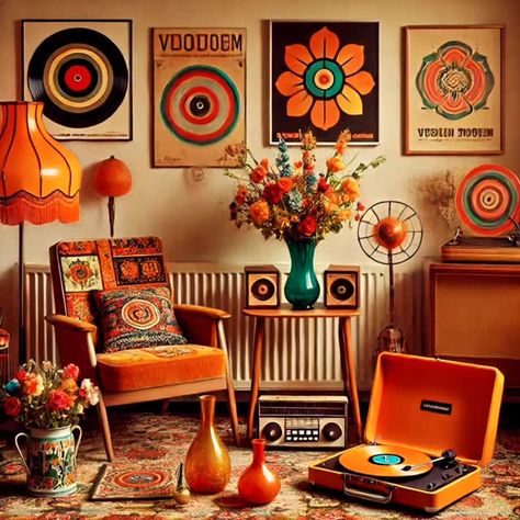 Instagram 60s 70s Aesthetic Home, 60s Art Deco Interior, Retro Style Decor, 60s Inspired Decor, 1970s Aesthetic Home Decor, Mid Mod 70s Eclectic Boho, 1960s Aesthetic Decor, 60s House Aesthetic, Retro Living Room Aesthetic