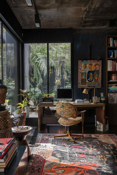 32 Home Office Designs: Incorporating Maximalist Ideas with a Dark Palette Home Office Maximalist, Retro House Design, Sunroom Office Ideas, Maximalist Office, Maximalism Interior Design, Funky Office, Collar Aesthetic, Maximalism Interior, Sunroom Office