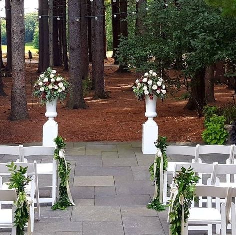 Wedding, ceremony, flowers, altars, aisles, stone urns, garden style, greenery, eucalyptus, roses, romantic, outdoor, Shepherd's Hollow Roses Romantic, Ceremony Design, Wedding Ceremony Flowers, Ceremony Flowers, Wedding Florist, Garden Styles, Wedding Ceremony, Florist, The City