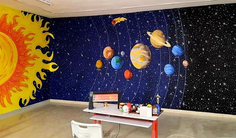 Stem Lab Design, Solar System Wallpaper, Crystal Room Decor, Illustration Art Kids, School Wall Art, School Murals, Room Wall Painting, School Painting, Dream Wall