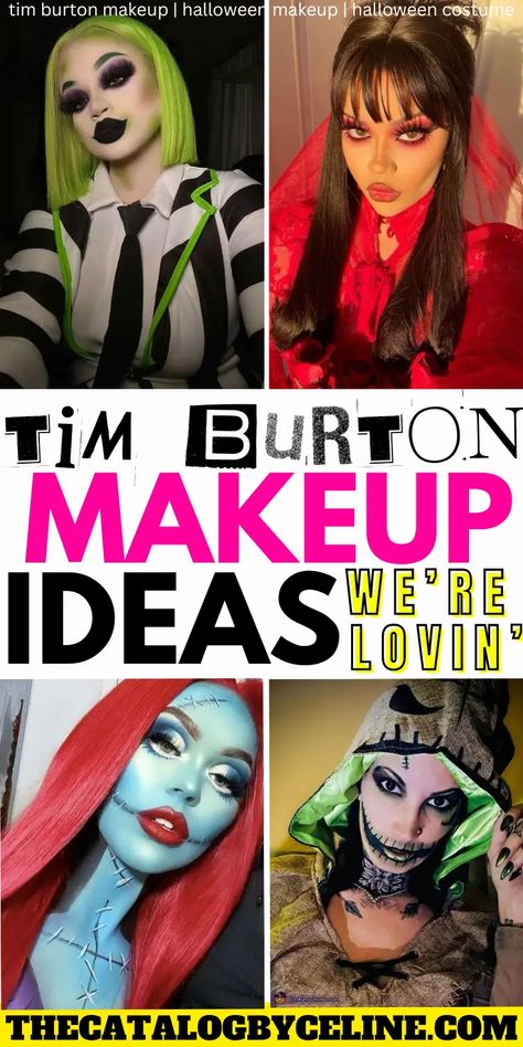 Tim Burton Makeup Ideas We're Lovin' This Halloween 2024! - The Catalog Beetlejuice Bride Makeup, Tim Burton Halloween Costumes Women, Easy Beetlejuice Makeup, Beetlejuice Makeup Ideas, Tim Burton Characters Costumes, Beetlejuice Inspired Makeup, Tim Burton Makeup Looks, Beetlejuice Makeup Tutorial, Tim Burton Halloween Costumes