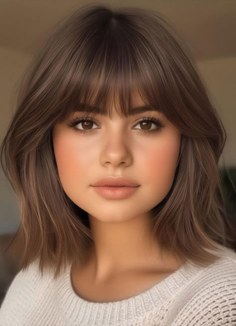 Shoulder-Length Brunette Bob with Wispy Bangs, haircut for round face Bangs On Round Face Short Hair, Medium Bob Round Face, Medium Bob With Wispy Bangs, Bob Hair With Bangs Round Face, Bangs And Short Hair Shoulder Length, Best Short Haircuts For Long Faces, Shoulder Length Brunette Hair With Bangs, Medium Brunette Hair With Bangs, Haircut For Round Face With Bangs