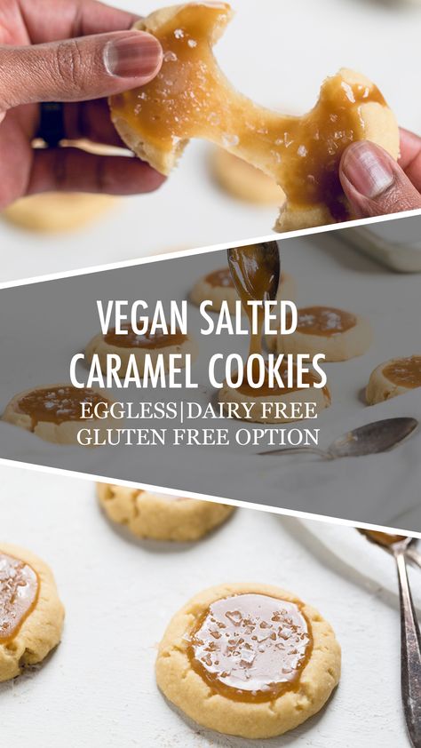 Vegan Salted Caramel Cookies - Make It Dairy Free Sugar Free Oatmeal Cookies, Sugar Free Oatmeal, Vegan Salted Caramel, Egg Free Cookies, Vegan Christmas Cookies, Salted Caramel Cookies, Dairy Free Cookies, Vegan Caramel, Caramel Cookies