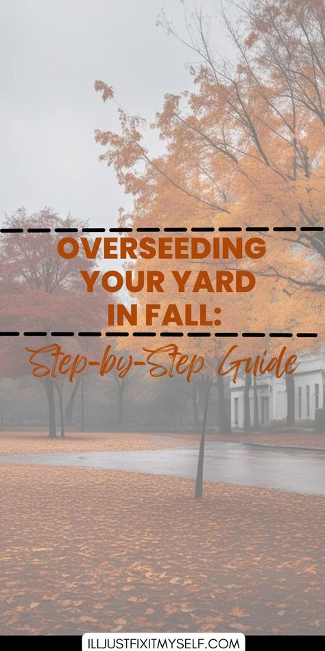 Homeowner using a spreader to overseed a yard, highlighting the steps for overseeding a lawn in the fall. How To Reseed Your Lawn In Fall, Lawn Repair Step By Step, Reseeding Lawn Fall, Fall Grass Maintenance, Fall Cleanup Yard, Overseeding Lawn Fall, Diy Grass Fertilizer Green Lawn, Fall Yard Clean Up, Reseeding Lawn