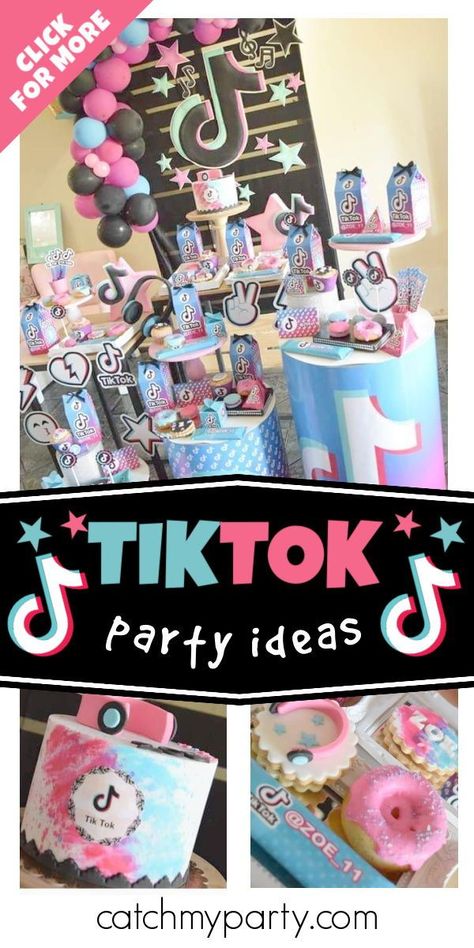 Don't miss this fun TikTok birthday party! The dessert table is so cool! See more party ideas and share yours at CatchMyParty.com #catchmyparty #partyideas #tiktok #tiktokparty #girlbirthdayparty Tiktok Birthday Party, Birthday Tiktok, Tik Tok Party, Tiktok Party, Tiktok Birthday, Fun Tiktok, Dragon Cake, Girls Birthday Party Themes, Birthday Party Activities