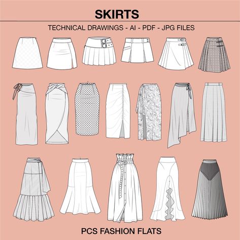 Ready to use fully editable technical drawing of skirts Automatic digital download file Great for tech packs, CAD drawing, spec sheets and expanding your library. Perfect for fashion students, designers, manufacturers and startups to use. What you will receive in the package: * AI File, these include a separate front drawings - you will be able to personalized the drawing such as shape, colour, details and add your logo * PDF version of the front technical drawing  *JPG version If you have any q Fashion Forms Drawing, Different Skirts Designs, Side Pleated Skirt, Fashion Flat Sketches Technical Drawings, Skirt Sketches Fashion Drawings, How To Be A Fashion Designer, How To Draw Skirts, How To Draw A Skirt, Pleated Skirt Drawing