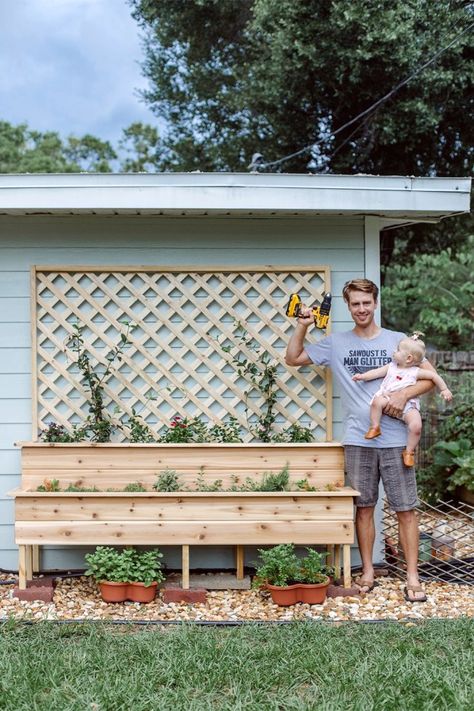 Divider Planter Ideas, Planter In Landscaping, Herb Garden Deck, 3 Tier Garden Planter, Diy Small Vegetable Garden, Front Porch Herb Garden Ideas, Herb Garden On Deck, Easy Garden Ideas On A Budget, Garden With Table