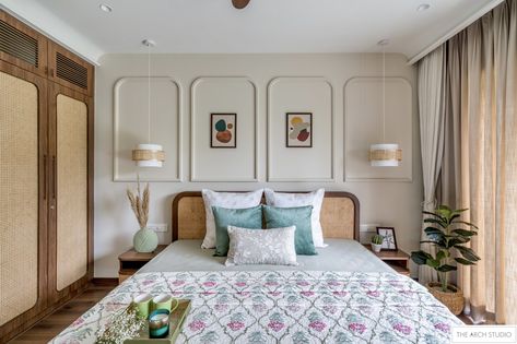 A Clean And Minimalistic Residential Design With A Pop Of Colour | The Arch Studio - The Architects Diary Warm Tone Palette, Indian Bedroom Design, Bedroom Pop Design, Wooden Panelling, Guest Bedroom Design, House Interior Design Styles, Indian Home Interior, Modern Bedroom Interior, Minimal House Design