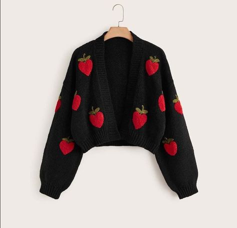 Cardigan Outfit Spring, Black Cardigan Outfit, Crochet Trendy, Pattern 2023, Plain Cardigan, Woolen Clothes, Shoulder Cardigan, Drop Shoulder Cardigan, Strawberry Pattern